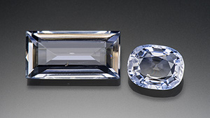 A 24.96 ct sphene from Zimbabwe (left) and sillimanites from Sri Lanka and Myanmar (right)