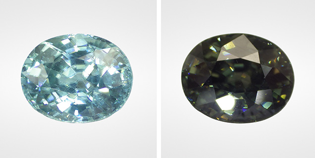 Long-wave UV exposure changes zircon’s color from medium light greenish blue (left) to very dark yellowish green (right). 