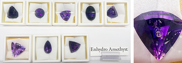 Left: “Enhydro” amethysts from Morocco. Right: This 16.60 ct triangular-shaped enhydro amethyst, measuring 17 × 19 mm, contains a large primary fluid inclusion with a free-moving gas bubble prominently oriented in the center of the table. Photos by Lisa Kennedy; courtesy of Gem & Gold Creations. Left: “Enhydro” amethysts from Morocco. Right: This 16.60 ct triangular-shaped enhydro amethyst, measuring 17 × 19 mm, contains a large primary fluid inclusion with a free-moving gas bubble prominently oriented in the center of the table. Photos by Lisa Kennedy; courtesy of Gem & Gold Creations.