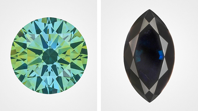 Figure 1. Two HPHT-grown diamonds: a 0.51 ct round brilliant with Fancy Deep bluish green color (left) and a 1.56 ct Fancy black marquise (right). Photos by Rhonda Wilson.