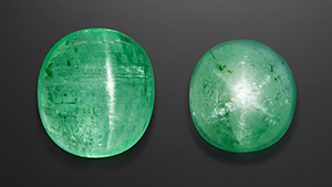 Cat’s-eye emerald (11.31 ct) and star emerald (4.99 ct) from Chitral, Pakistan. Photo by Lhapsin Nillapat; courtesy of Mohammed Ayub (Pretty Little Gem Co, Ltd, Bangkok).