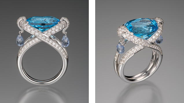 This blue topaz, briolette sapphire, and diamond ring looks good in all directions. The human eye likes symmetry, so the 