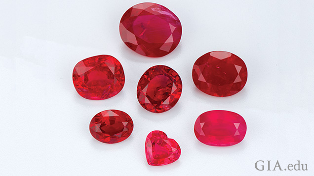 A group of seven rubies. A group of seven rubies.