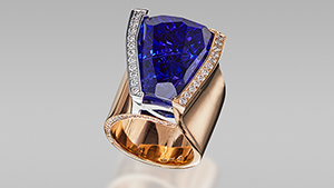 Blue freeform tanzanite in ring.