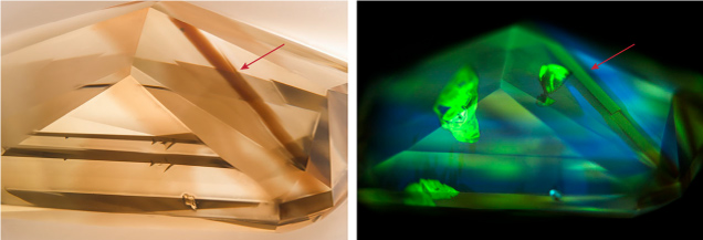 Left: The strong linear brown zoning (arrow) of the 2.21 ct Fancy Dark yellow-brown diamond was best viewed under diffused light, also revealing the stone’s patchy bodycolor. Photomicrograph by Britni LeCroy and Jeffrey Hernandez; field of view 7.19 mm. Right: The associated DiamondView image shows a vibrant mixture of fluorescence patterns, with the brown zone displaying dull yellow-green fluorescence while retaining its linear structure (arrow). Image by Jeffrey Hernandez. Left: The strong linear brown zoning (arrow) of the 2.21 ct Fancy Dark yellow-brown diamond was best viewed under diffused light, also revealing the stone’s patchy bodycolor. Photomicrograph by Britni LeCroy and Jeffrey Hernandez; field of view 7.19 mm. Right: The associated DiamondView image shows a vibrant mixture of fluorescence patterns, with the brown zone displaying dull yellow-green fluorescence while retaining its linear structure (arrow). Image by Jeffrey Hernandez.