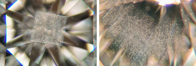 Left: Table-up view of a 0.34 ct round brilliant with SI<sub>2</sub> clarity possessing a square-shaped cloud; field of view ~2.9 mm. Right: When viewed through the pavilion, the cloud feature appears much less ordered; field of view ~1.6 mm. Photomicrographs by Deepak Raj. Left: Table-up view of a 0.34 ct round brilliant with SI<sub>2</sub> clarity possessing a square-shaped cloud; field of view ~2.9 mm. Right: When viewed through the pavilion, the cloud feature appears much less ordered; field of view ~1.6 mm. Photomicrographs by Deepak Raj.