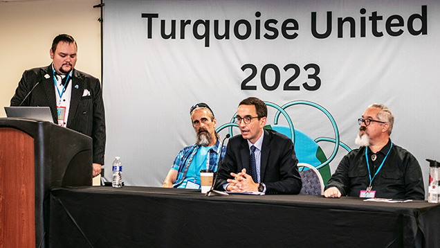 Figure 1. From left: Jacob Lowry, Sean Hyrons, Matthew Wernz, and Kenneth Van Wey engage in a panel discussion titled “Laws: Liabilities and Protections.” Photo courtesy of the Turquoise Museum. Figure 1. From left: Jacob Lowry, Sean Hyrons, Matthew Wernz, and Kenneth Van Wey engage in a panel discussion titled “Laws: Liabilities and Protections.” Photo courtesy of the Turquoise Museum.