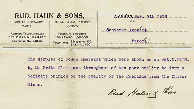 1913 Letter from Rudolf Hahn & Sons to owners of Chivor mines 1913 Letter from Rudolf Hahn & Sons to owners of Chivor mines