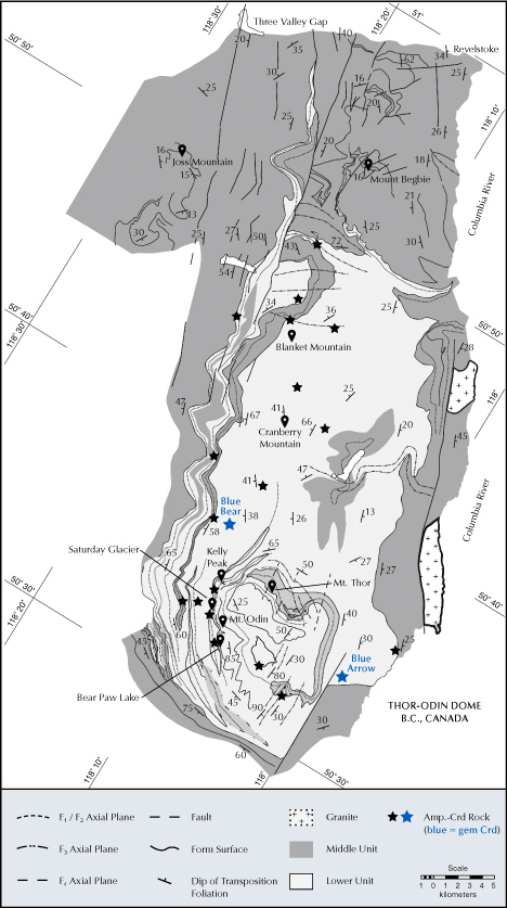 Figure 2. Simplified geological map of the Thor-Odin dome showing the location of known cordierite-orthoamphibole rock occurrences, including the Blue Bear and Blue Arrow gem cordierite occurrences. Modified after Goergen and Whitney (2012), reproduced with permission from SNCSC (© 2011 Springer-Verlag. <em>Contrib. Mineral. Petrol.</em>, Volume 163). Figure 2. Simplified geological map of the Thor-Odin dome showing the location of known cordierite-orthoamphibole rock occurrences, including the Blue Bear and Blue Arrow gem cordierite occurrences. Modified after Goergen and Whitney (2012), reproduced with permission from SNCSC (© 2011 Springer-Verlag. <em>Contrib. Mineral. Petrol.</em>, Volume 163).