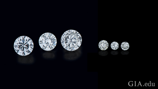 A variety of large, commercial and melee cut man-made gemstones are available in the market. These HPHT diamonds, from left, are 0.41 ct, 0.31 ct and 0.50 ct. and three melee-sized stones. A variety of large, commercial and melee cut man-made gemstones are available in the market. These HPHT diamonds, from left, are 0.41 ct, 0.31 ct and 0.50 ct. and three melee-sized stones.