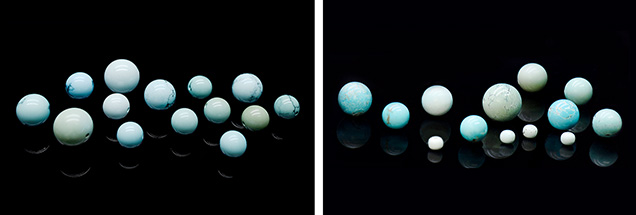 Figure 1. The appearance of natural high-quality turquoise and porcelain-treated turquoise. Left: Natural high-quality turquoise with various colors (the rightmost bead has a diameter of 10.0 mm). Right: Porcelain-treated turquoise with appearance and colors similar to those of natural high-quality turquoise (the smallest bead measures 6.0 × 5.0 mm). Photos by Liying Huang.