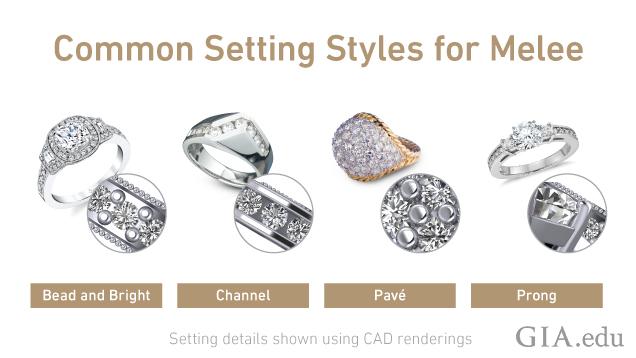 Four images of rings featuring set melee and CAD renderings. Four images of rings featuring set melee and CAD renderings.
