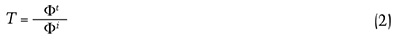 Equation showing the ratio \( T = \frac{\Phi^*}{\Phi^-} \). Equation showing the ratio \( T = \frac{\Phi^*}{\Phi^-} \).