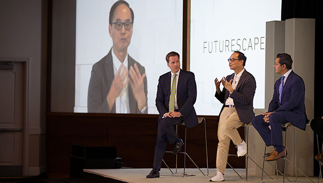 Kent Wong discusses Chow Tai Fook’s approach to attracting talented designers while David Ager (left) and Rahul Kadakia (right) look on. Photo by Denise Conrad/GIA.