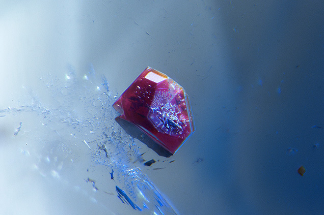 Small reddish brown neptunite inclusion in benitoite host. Small reddish brown neptunite inclusion in benitoite host.