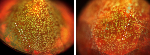 Figure 4. DiamondView images of pavilion and crown facets. The yellow and orange fluorescence, attributed to the NV<sup>0</sup> and NV<sup>–</sup> nitrogen vacancy centers, follows the patterns dictated by the deformation of the crystal structure. Images by Paul Johnson. Figure 4. DiamondView images of pavilion and crown facets. The yellow and orange fluorescence, attributed to the NV<sup>0</sup> and NV<sup>–</sup> nitrogen vacancy centers, follows the patterns dictated by the deformation of the crystal structure. Images by Paul Johnson.