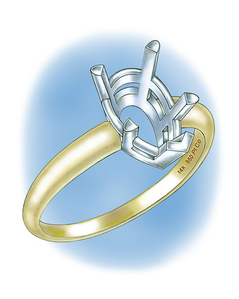 Four-prong, pear-shaped platinum cobalt setting with 14K yellow gold shank Four-prong, pear-shaped platinum cobalt setting with 14K yellow gold shank