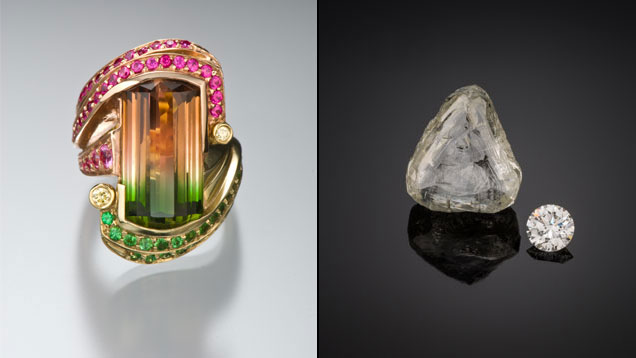 Left: Jeffrey Appling designed this bicolored tourmaline ring with green and pink gold, tsavorite garnet, pink sapphire and natural yellow diamonds. Courtesy Jeffrey Appling. Right: These diamonds – 22.32 ct macle, left, and 1.01 ct round brilliant – are from the Oppenheimer Collection. Gift of DeBeers. Photos by Robert Weldon/GIA