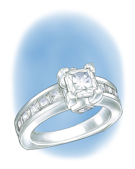 Perspective view illustration of a platinum princess-cut solitaire ring Perspective view illustration of a platinum princess-cut solitaire ring