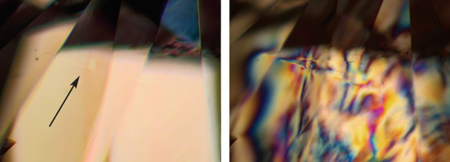 Colorless hole intersecting with cone in pink diamond. 