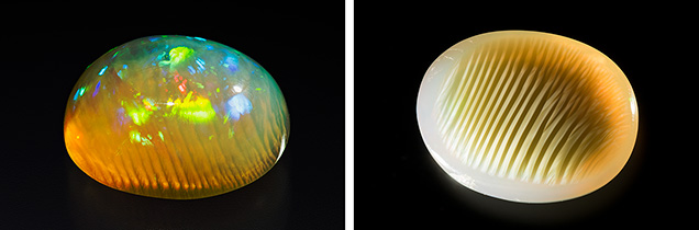 Ethiopian precious opal showing chatoyancy. Ethiopian precious opal showing chatoyancy.