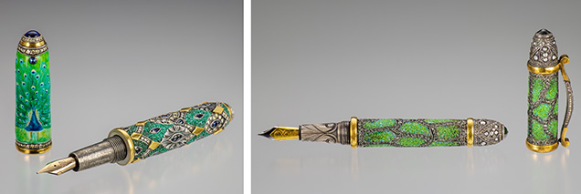 Figure 1. These handcrafted jewelry pens are created with silver, embellished with 24K gold, and inlaid with diamond, sapphire, and crushed emerald. Left: The peacock design is a miniature painting coated in clear enamel. Right: A pen with fine metal engraving and dimming just below the 24K gold nib. Photo by Robert Weldon; courtesy of Zeki Karaca. Figure 1. These handcrafted jewelry pens are created with silver, embellished with 24K gold, and inlaid with diamond, sapphire, and crushed emerald. Left: The peacock design is a miniature painting coated in clear enamel. Right: A pen with fine metal engraving and dimming just below the 24K gold nib. Photo by Robert Weldon; courtesy of Zeki Karaca.