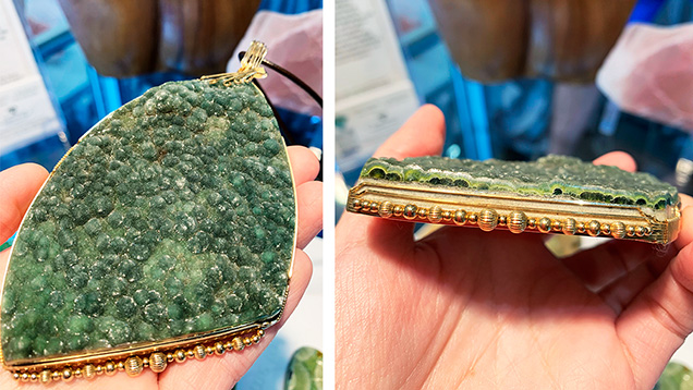 Views of wavellite slab reveal botryoidal habit and radiating pattern.