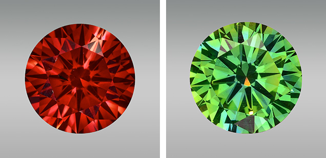 Fancy red and Fancy Vivid yellowish green color-treated synthetic diamonds Fancy red and Fancy Vivid yellowish green color-treated synthetic diamonds
