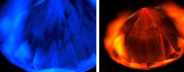 Figure 2. Left: The deep-UV (<230 nm) fluorescence image showed blue coloration (due to the presence of dislocation bundles) that appeared nominally similar to DiamondView images of natural type IIa diamonds. Right: When the fluorescence was filtered by an orange long-pass filter that blocked wavelengths below 550 nm, the NV-related fluorescence and the striations indicative of CVD growth became apparent. Image by Sally Eaton-Magaña (right). Figure 2. Left: The deep-UV (<230 nm) fluorescence image showed blue coloration (due to the presence of dislocation bundles) that appeared nominally similar to DiamondView images of natural type IIa diamonds. Right: When the fluorescence was filtered by an orange long-pass filter that blocked wavelengths below 550 nm, the NV-related fluorescence and the striations indicative of CVD growth became apparent. Image by Sally Eaton-Magaña (right).