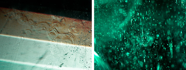 Brazilian emerald displaying the gota de aceite-like effect (left) and raindrop-like needles and tubes (right). Brazilian emerald displaying the gota de aceite-like effect (left) and raindrop-like needles and tubes (right).