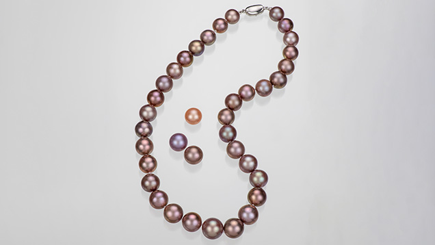 A graduated strand of “Edison” pearls in copper and bronze metallic colors, ranging from 9 to 12 mm. Also shown are three loose pearls: 10 mm peach, 11 mm purple, and 11 mm copper. Photo by Robert Weldon. A graduated strand of “Edison” pearls in copper and bronze metallic colors, ranging from 9 to 12 mm. Also shown are three loose pearls: 10 mm peach, 11 mm purple, and 11 mm copper. Photo by Robert Weldon.