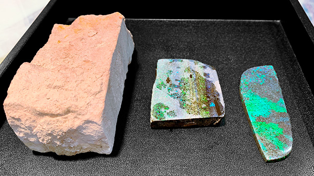 “Andamooka matrix opal” as rough, after treatment, and a finished freeform cabochon. “Andamooka matrix opal” as rough, after treatment, and a finished freeform cabochon.