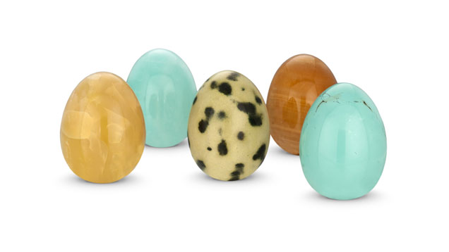 From left: Amber, blue chrysoprase, jasper with cheetah-like spots, calcite and robin’s egg blue turquoise. Courtesy Jay Walker, curator of the Library of the History of Human Imagination. Photo by Orasa Weldon/GIA.