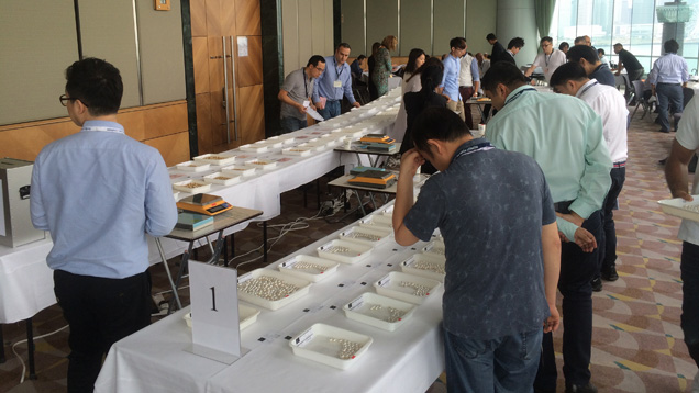 买家在香港会展中心举办的第 53 届 Paspaley(帕斯帕雷)珍珠拍卖会上检查各批白色南海珍珠和金色珍珠。 买家把每批珍珠的书面竞价放入一个密封的盒子中,在为期三天的销售会闭幕时打开。 摄影:Russell Shor(罗素·肖尔)/GIA 买家在香港会展中心举办的第 53 届 Paspaley(帕斯帕雷)珍珠拍卖会上检查各批白色南海珍珠和金色珍珠。 买家把每批珍珠的书面竞价放入一个密封的盒子中,在为期三天的销售会闭幕时打开。 摄影:Russell Shor(罗素·肖尔)/GIA