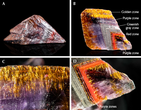An “Auralite 23” quartz specimen displaying color zones and oriented inclusions. An “Auralite 23” quartz specimen displaying color zones and oriented inclusions.