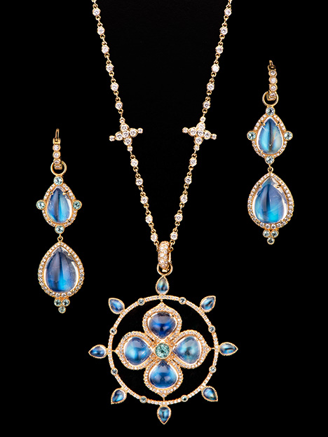Moonstone pendant and earrings by Erica Courtney. Moonstone pendant and earrings by Erica Courtney.