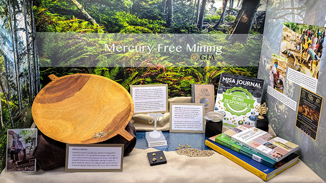 The GIA Library’s award-winning exhibit on mercury-free mining at the Tucson Gem and Mineral Show. Photo by Chris Rogers. The GIA Library’s award-winning exhibit on mercury-free mining at the Tucson Gem and Mineral Show. Photo by Chris Rogers.