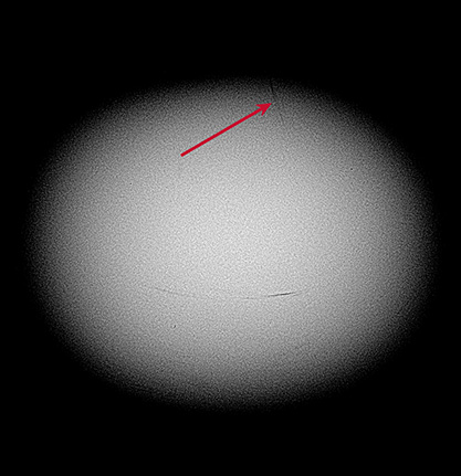 Growth arcs are visible near surface-reaching cracks (red arrow). Growth arcs are visible near surface-reaching cracks (red arrow).