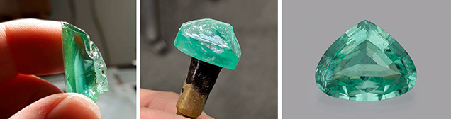 The process of turning 45.43 ct rough phosphophyllite into a finished 17.52 ct bluish green, modified triangular brilliant. The process of turning 45.43 ct rough phosphophyllite into a finished 17.52 ct bluish green, modified triangular brilliant.
