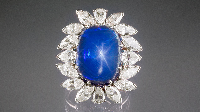 Combination ring and pendant features a 15 ct Kashmir star sapphire. Combination ring and pendant features a 15 ct Kashmir star sapphire.
