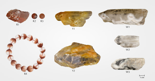Figure 1. “Rabbit hair” quartz samples with different colors. Photos by Shuqian Rui. Figure 1. “Rabbit hair” quartz samples with different colors. Photos by Shuqian Rui.