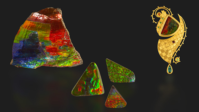From left: This photo exhibits three phases of Ammolite: rough, cut stones, and a “Kabuki” brooch. The brooch, courtesy of and designed by Carolyn Tyler, includes Ammolite fashioned with a 1.23 ct tsavorite, 1.40 ct garnet, and .96 ct blue tourmaline, set in 22K gold. Photo by Orasa Weldon, © GIA