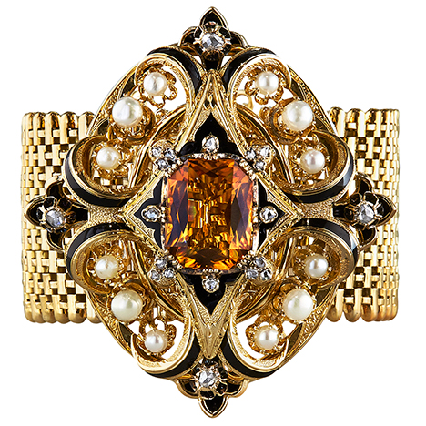 Gold bracelet with enamel, pearls, and citrine.