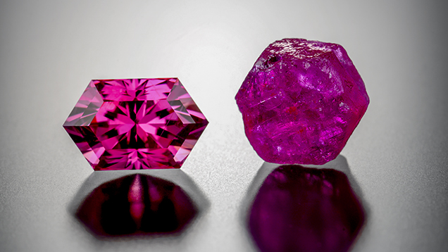 Purplish pink Montana sapphire in this study (left) next to a hexagonal rough (right). Purplish pink Montana sapphire in this study (left) next to a hexagonal rough (right).