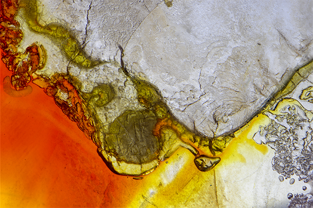 Orange and yellow resin mimics natural iron oxide staining. Orange and yellow resin mimics natural iron oxide staining.