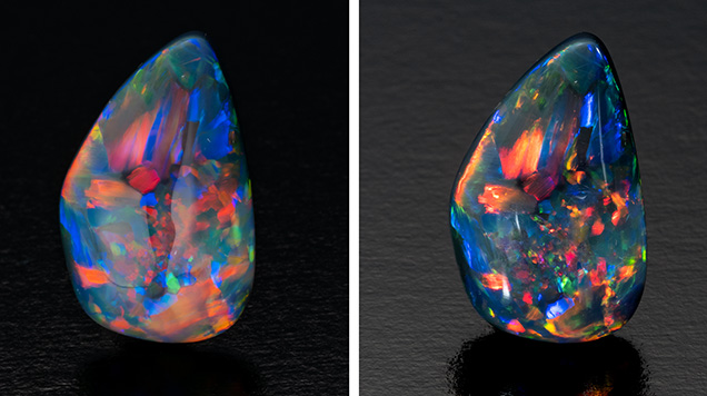 A 10.65 ct black opal from Lightning Ridge shown in diffused and direct lighting. A 10.65 ct black opal from Lightning Ridge shown in diffused and direct lighting.