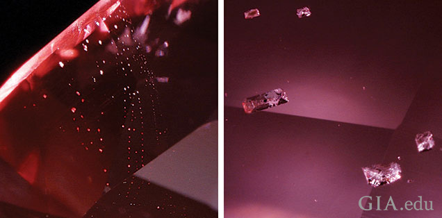 Figure 11. One of the faceted spinels contained a plane of negative crystals (left, magnified 50×) and a group of euhedral crystals (right, magnified 20×). Figure 11. One of the faceted spinels contained a plane of negative crystals (left, magnified 50×) and a group of euhedral crystals (right, magnified 20×).