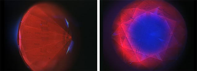 DiamondView fluorescence images of the irradiated blue diamond. DiamondView fluorescence images of the irradiated blue diamond.