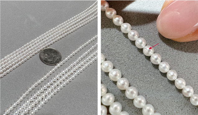 Figure 2. Left: Small round freshwater bead cultured (BC) pearls (top group of strands) and small round Japanese akoya BC pearls (bottom strands) appear very similar at first glance. Right: Upon closer inspection, the freshwater pearls more often show a rounded flat surface feature. Photos by Artitaya Homkrajae and Lisa Kennedy; courtesy of American Pearl Company Inc. Figure 2. Left: Small round freshwater bead cultured (BC) pearls (top group of strands) and small round Japanese akoya BC pearls (bottom strands) appear very similar at first glance. Right: Upon closer inspection, the freshwater pearls more often show a rounded flat surface feature. Photos by Artitaya Homkrajae and Lisa Kennedy; courtesy of American Pearl Company Inc.
