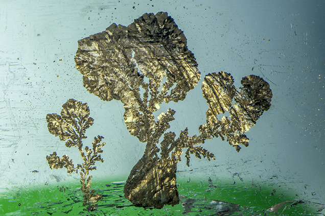 Metal sulfide inclusions in a partially healed fracture. Metal sulfide inclusions in a partially healed fracture.